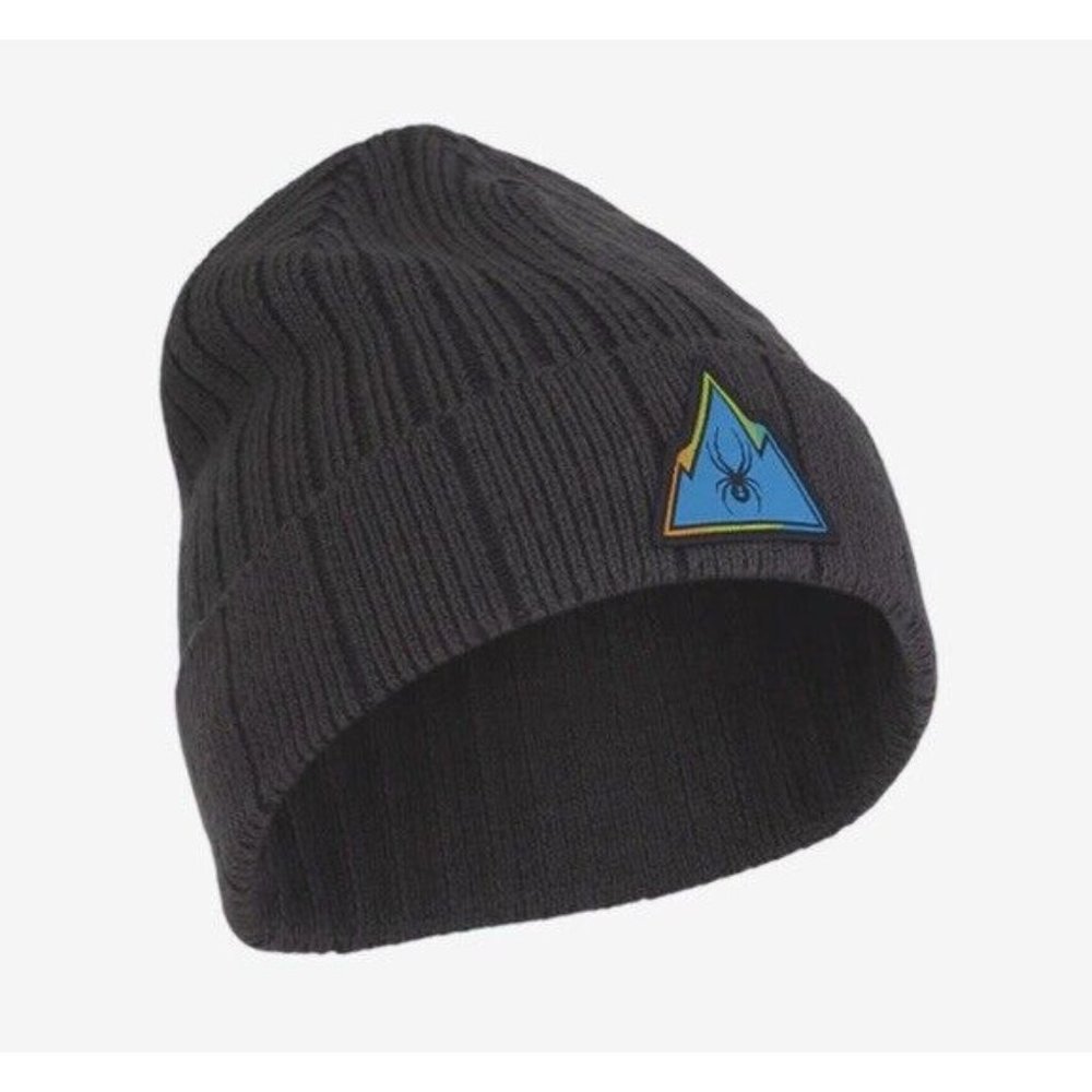 New SPYDER Kids Ebony SPECTOR Patch Logo Spyder Knit Cuffed Beanie HAT BOYS O/S